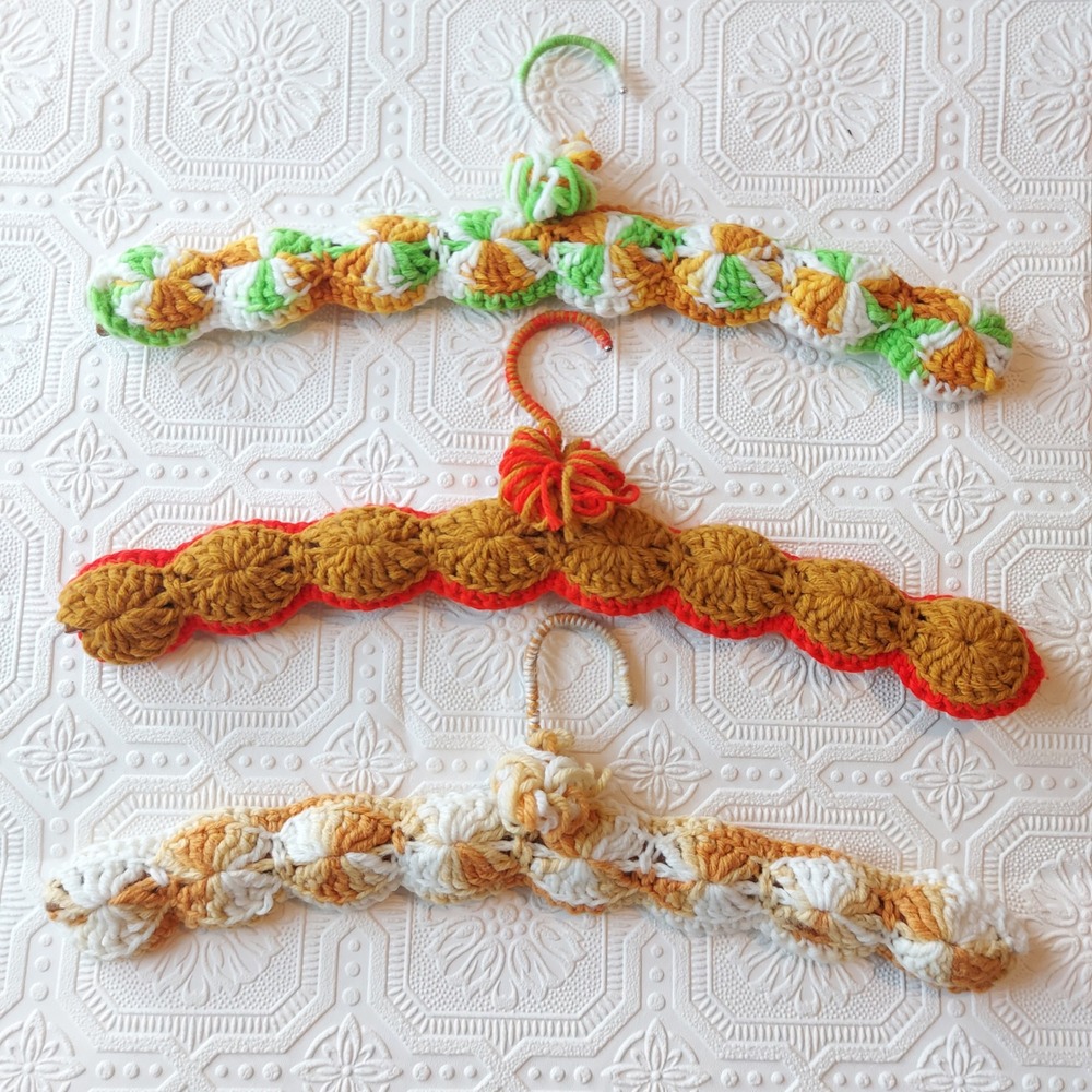 Vintage Handmade Crochet Padded Clothes Hangers Set of 3 Orange Green 16"